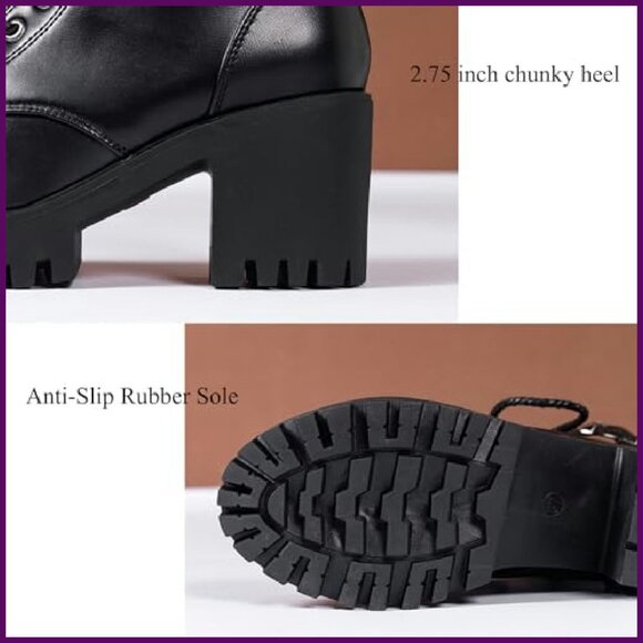 Chunky Heel Combat Boots with Side Zipper, Non-Slip Lug Sole, Buckle Strap - Picture 5 of 7